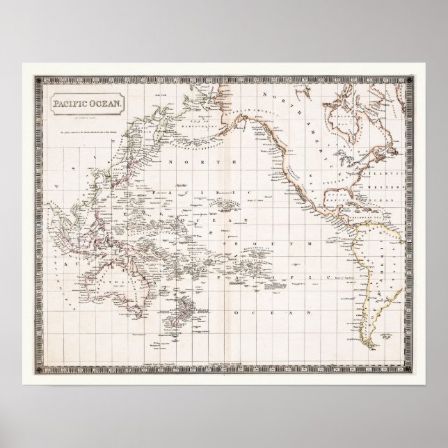 Poster Carte des années 1800 de l'océan Pacifique (Devant)