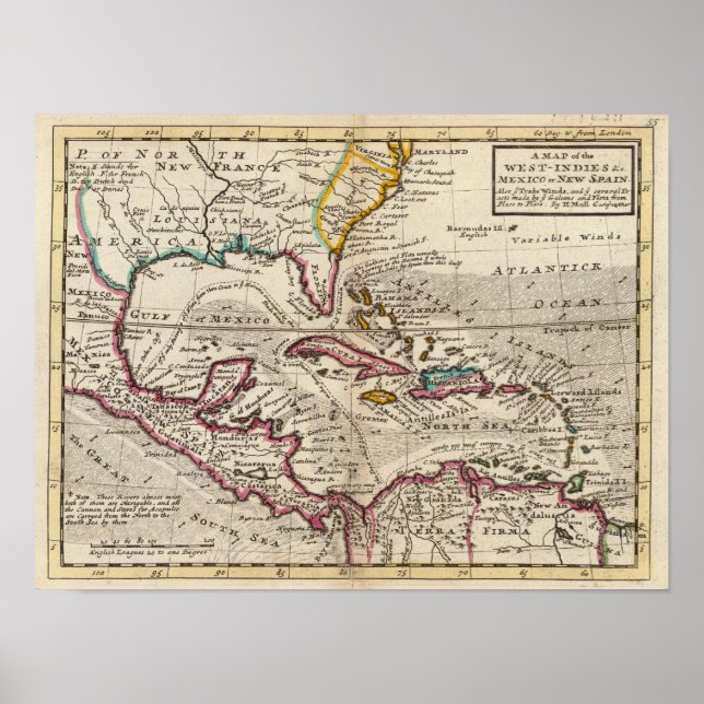 Poster Carte des Antilles, du Mexique ou de la Nouvelle E (Devant)