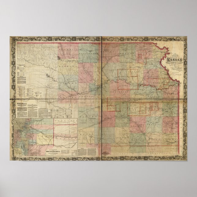 Poster Carte des chemins de fer antiques du Kansas 1867 (Devant)