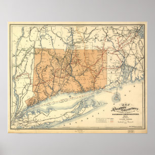 Poster Carte des chemins de fer du Connecticut 1893