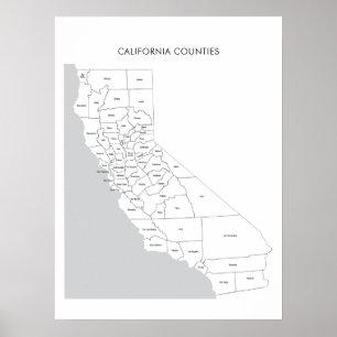 Poster Carte des comtés de Californie avec noms de comtés