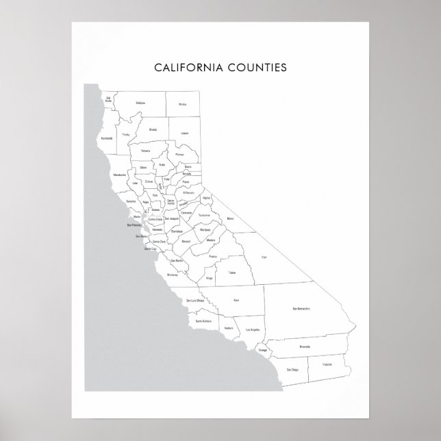 Poster Carte des comtés de Californie avec noms de comtés (Devant)