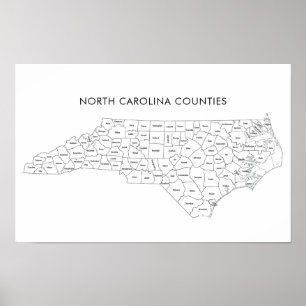 Poster Carte des comtés de Caroline du Nord avec noms de