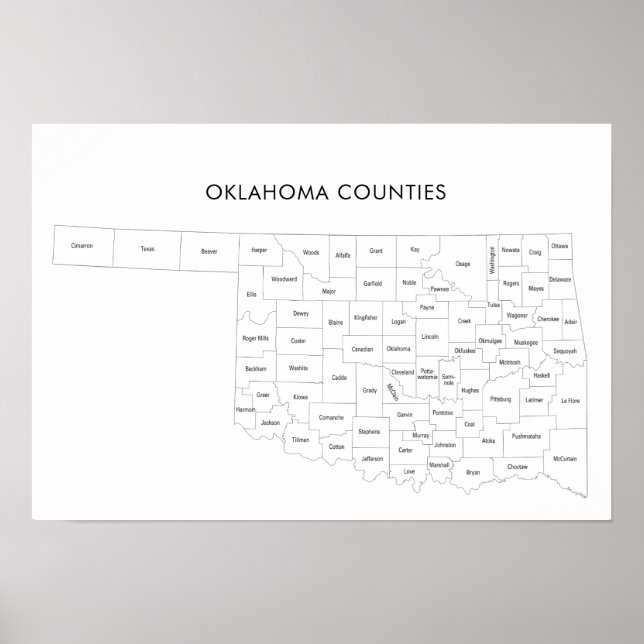 Poster Carte des comtés de l'Oklahoma avec les noms de co (Devant)