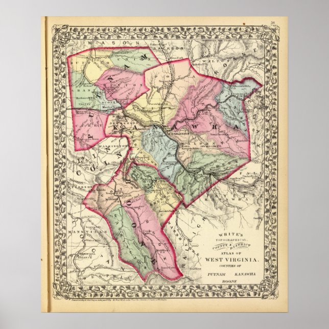 Poster Carte des comtés de Putnam, Kanawha, Boone (Devant)