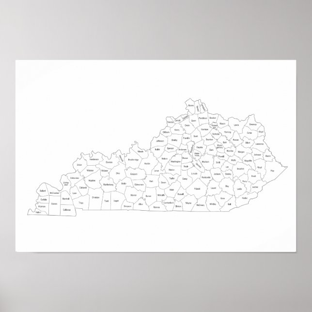 Poster Carte des comtés du Kentucky avec noms de comtés (Devant)