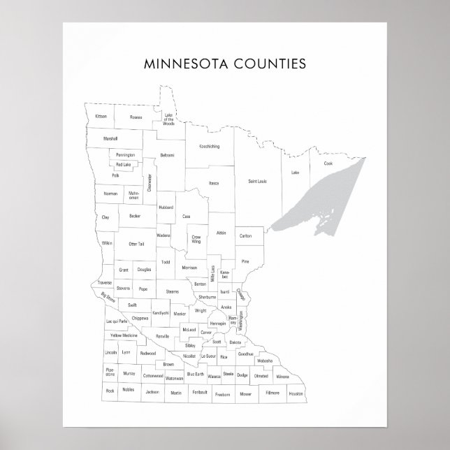 Poster Carte des comtés du Minnesota avec noms de comtés (Devant)
