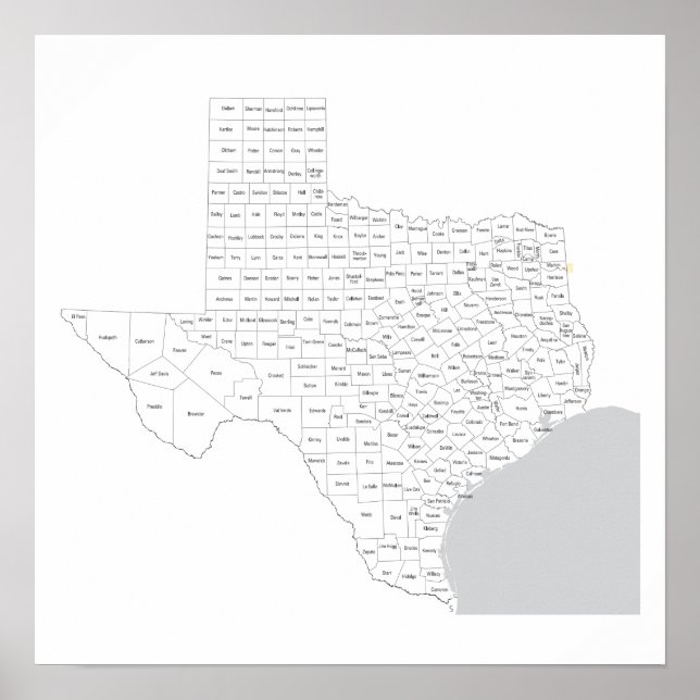 Poster Carte des comtés du Texas avec noms de comtés (Devant)
