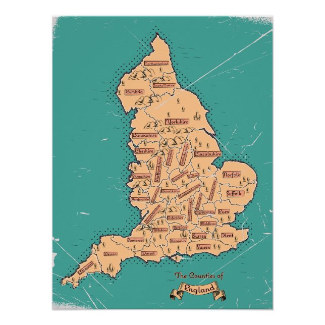 Poster Carte des comtés vintage d'Angleterre (Devant)