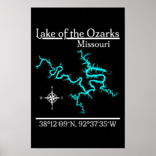 Poster Carte des coordonnées du lac des Ozarks Missouri