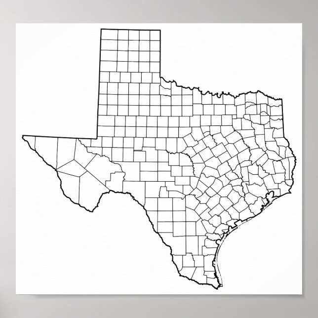 Poster Carte des détails des comtés du Texas Blank (Devant)