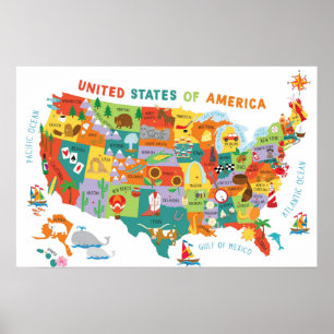 Poster Carte des enfants US Whimsical Cartoon Art États-U