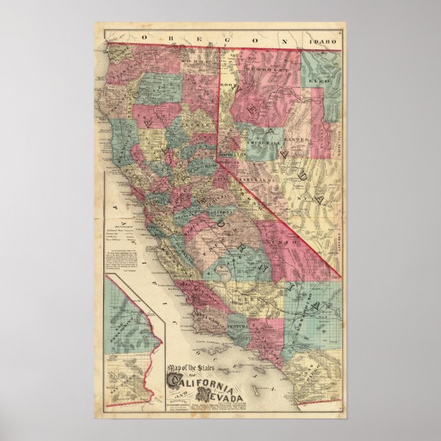 Poster Carte des États de Californie et du Nevada (Devant)
