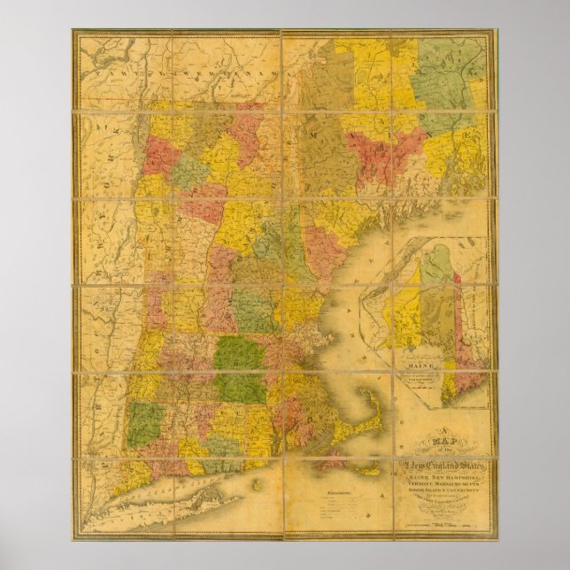 Poster Carte des États de la Nouvelle-Angleterre (Devant)