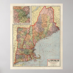 Poster Carte des États de la Nouvelle-Angleterre (1920)