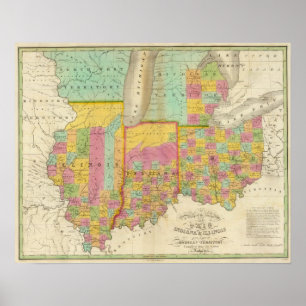 Poster Carte des États de l'Ohio Indiana & Illinois