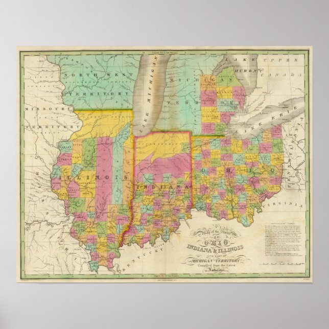 Poster Carte des États de l'Ohio Indiana & Illinois (Devant)