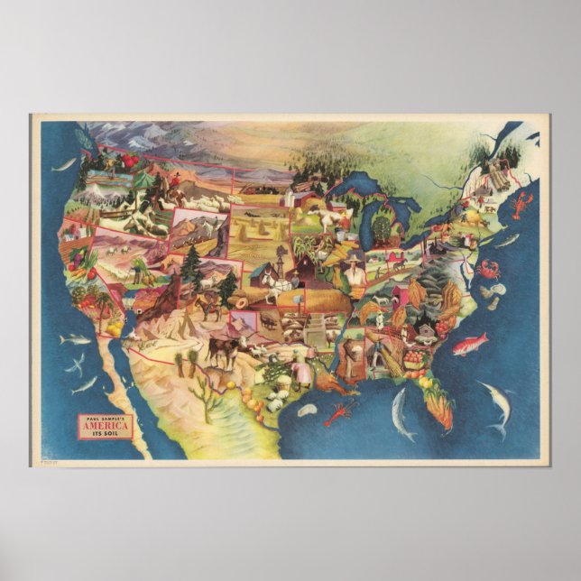 Poster Carte des États-Unis - American Farming & Agricult (Devant)