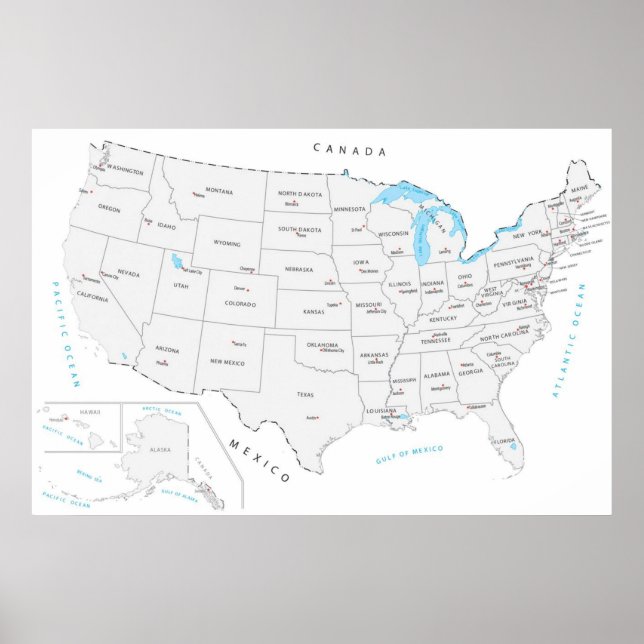 Poster Carte des États-Unis avec les capitales d'État des (Devant)