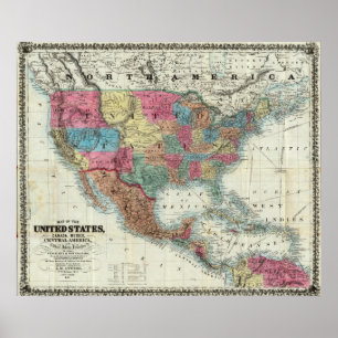 Poster Carte des Etats-Unis, Canada, Mexique