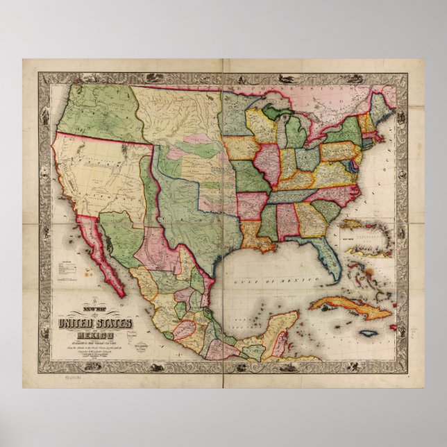 Poster Carte des États-Unis et du Mexique (1847) (Devant)
