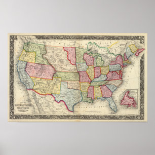 Poster Carte Des États-Unis, Et Territoires