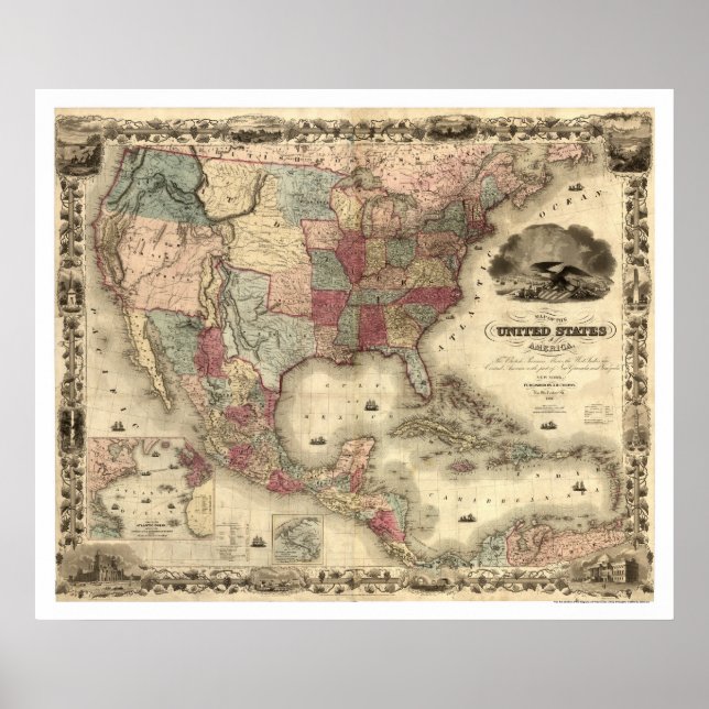 Poster Carte des États-Unis par Colton 1850 (Devant)