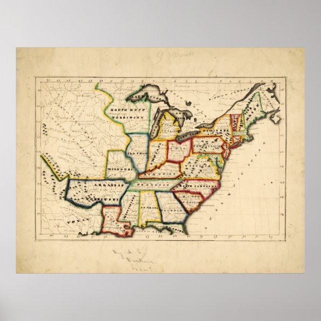 Poster Carte des États-Unis (vers 1819-1824) (Devant)