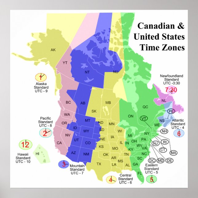 Poster Carte des fuseaux horaires politiques du Canada et (Devant)