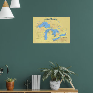 Poster Carte des Grands Lacs Amérique du Nord USA