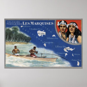 Poster Carte des îles, indigènes dans un canoë