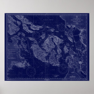 Poster Carte des îles San Juan WA Carte marine Bleu Art