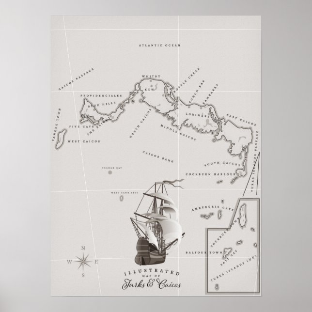 Poster Carte des îles Turques et Caïques (Devant)