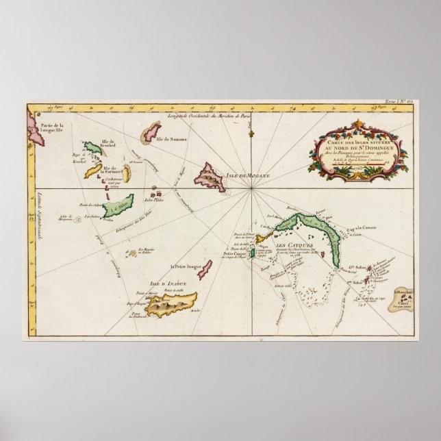 Poster Carte des îles Turques et Caïques vintages (1764) (Devant)