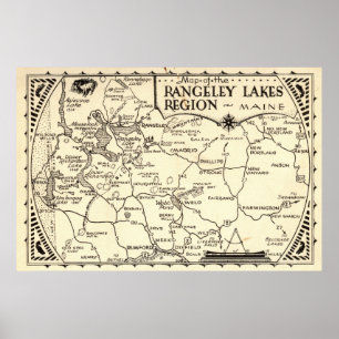 Poster Carte des lacs Rangeley Maine Vintage
