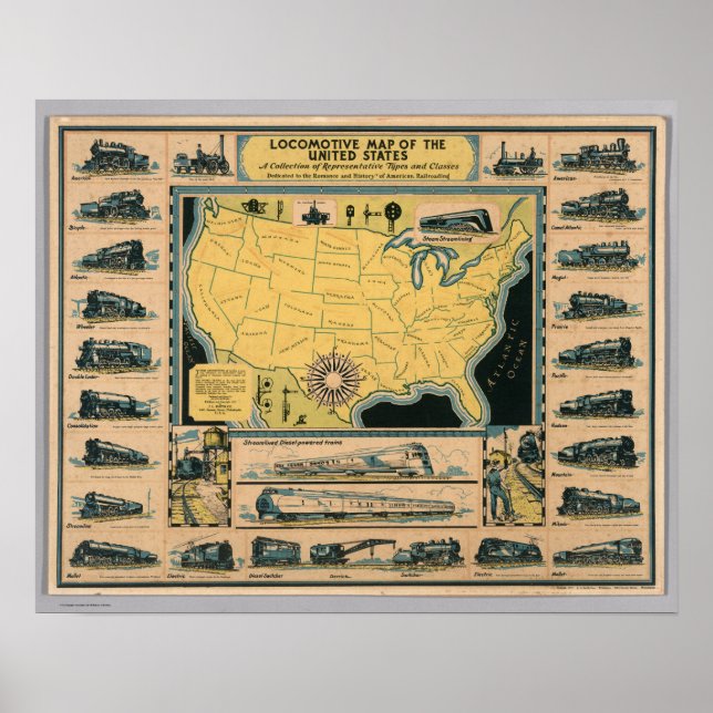 Poster Carte des locomotives des États-Unis (Devant)