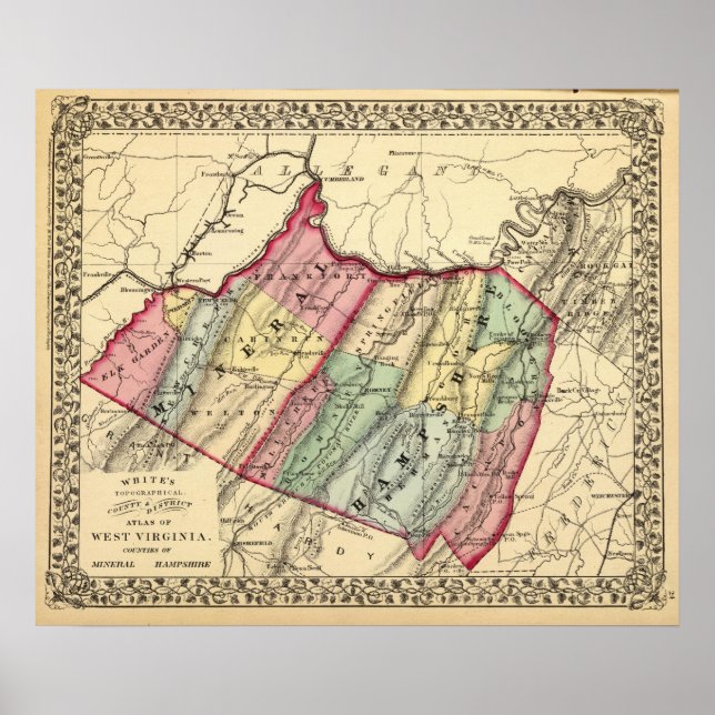 Poster Carte des Minéraux, comtés du Hampshire (Devant)