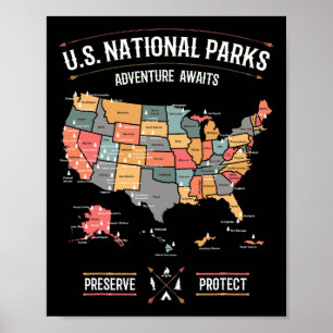 Poster Carte des parcs nationaux américains Préserver Pro