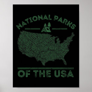 Poster Carte des parcs nationaux Randonnée Voyage Camping