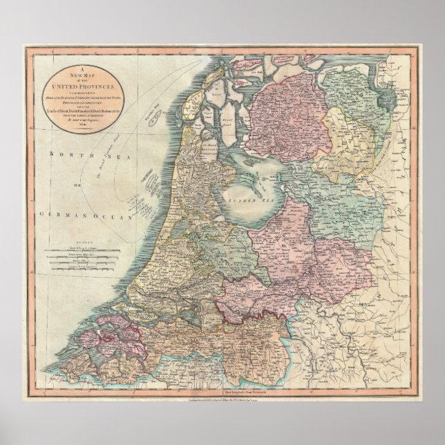 Poster Carte des Pays-Bas 1799 - par John Cary (Devant)