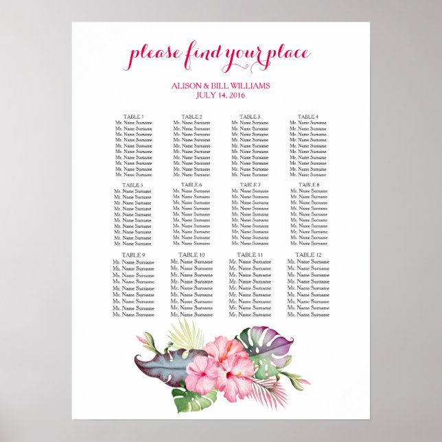 Poster Carte des places pour dîner mariage de fleurs trop (Devant)
