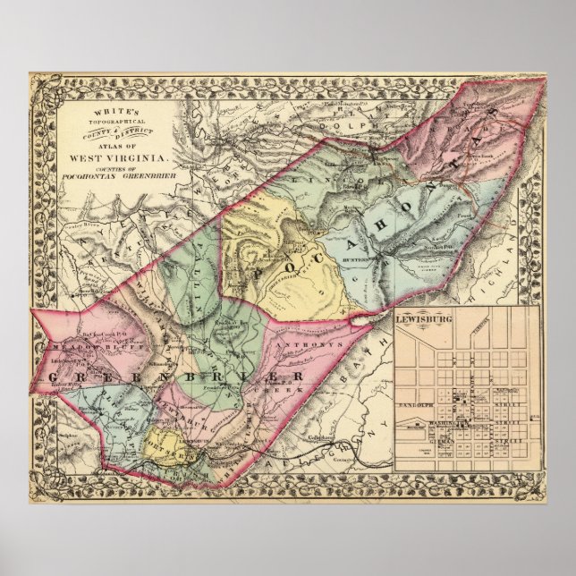 Poster Carte des Pocohontas, comtés de Greenbrier (Devant)