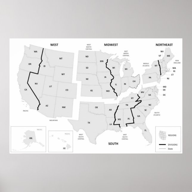 Poster Carte des régions des États-Unis États-Unis (Devant)