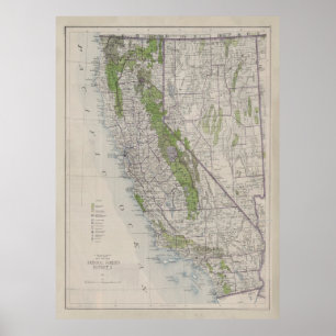 Poster Carte des réserves forestières de la vieille Calif