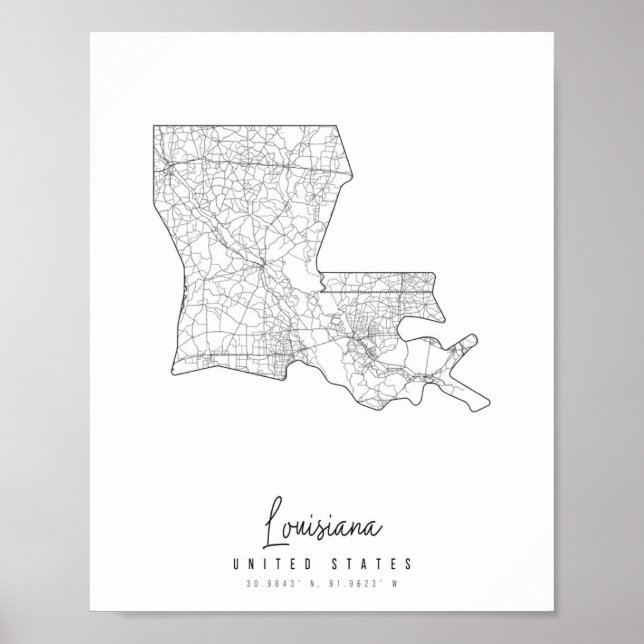Poster Carte des rues de Louisiana Minimal (Devant)