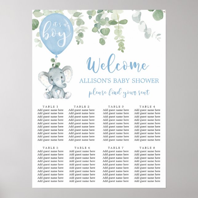 Poster Carte des sièges du baby shower d'éléphant bleu (Devant)