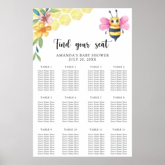 Poster Carte des sièges fleuris d'abeille aquarelle (Devant)