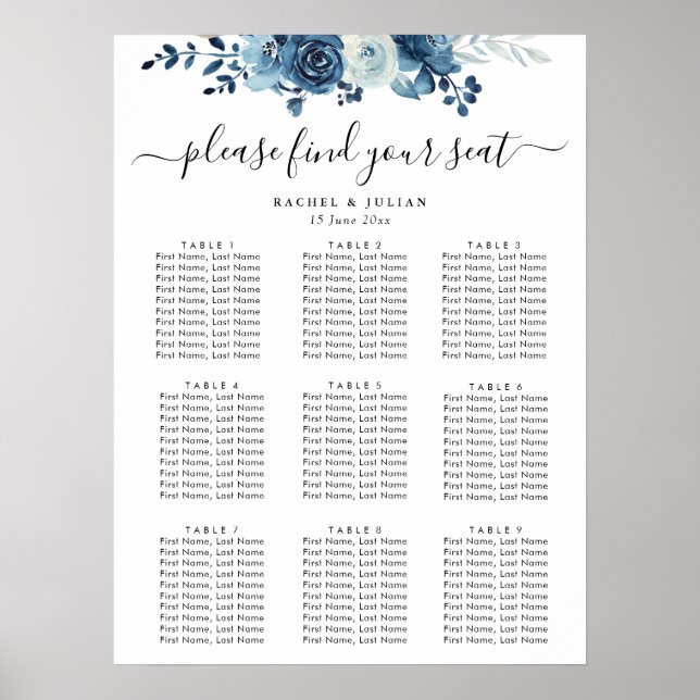 Poster Carte des sièges mariages à fleurs bleu aquarelle (Devant)