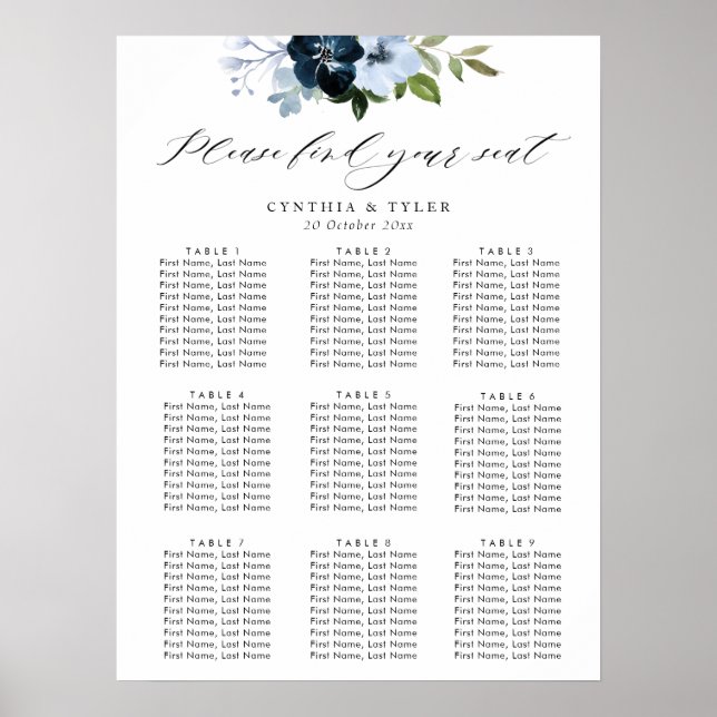 Poster carte des sièges mariages à fleurs bleu marine et  (Devant)