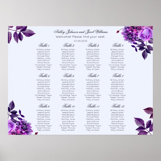 Poster Carte des sièges mariages aux fleurs violettes. Fl (Devant)